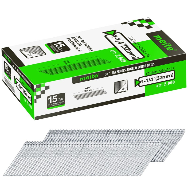 meite 15 Gauge Angled Finish Nails, 1-1/4-Inch 34 Degree Galvanized Finishing Nails for Nailer Guns - Perfect for Window Trim, Cabinet Building and Other DIY Projects (2,000 Counts) - Image 1